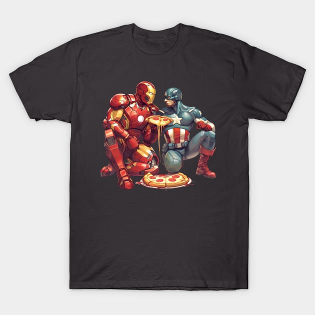 IRONMAN & CAP EATING PIZZA T-Shirt by Drank